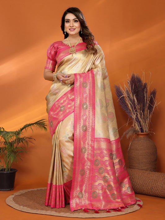 beige banarasi tissue silk saree with weaving work