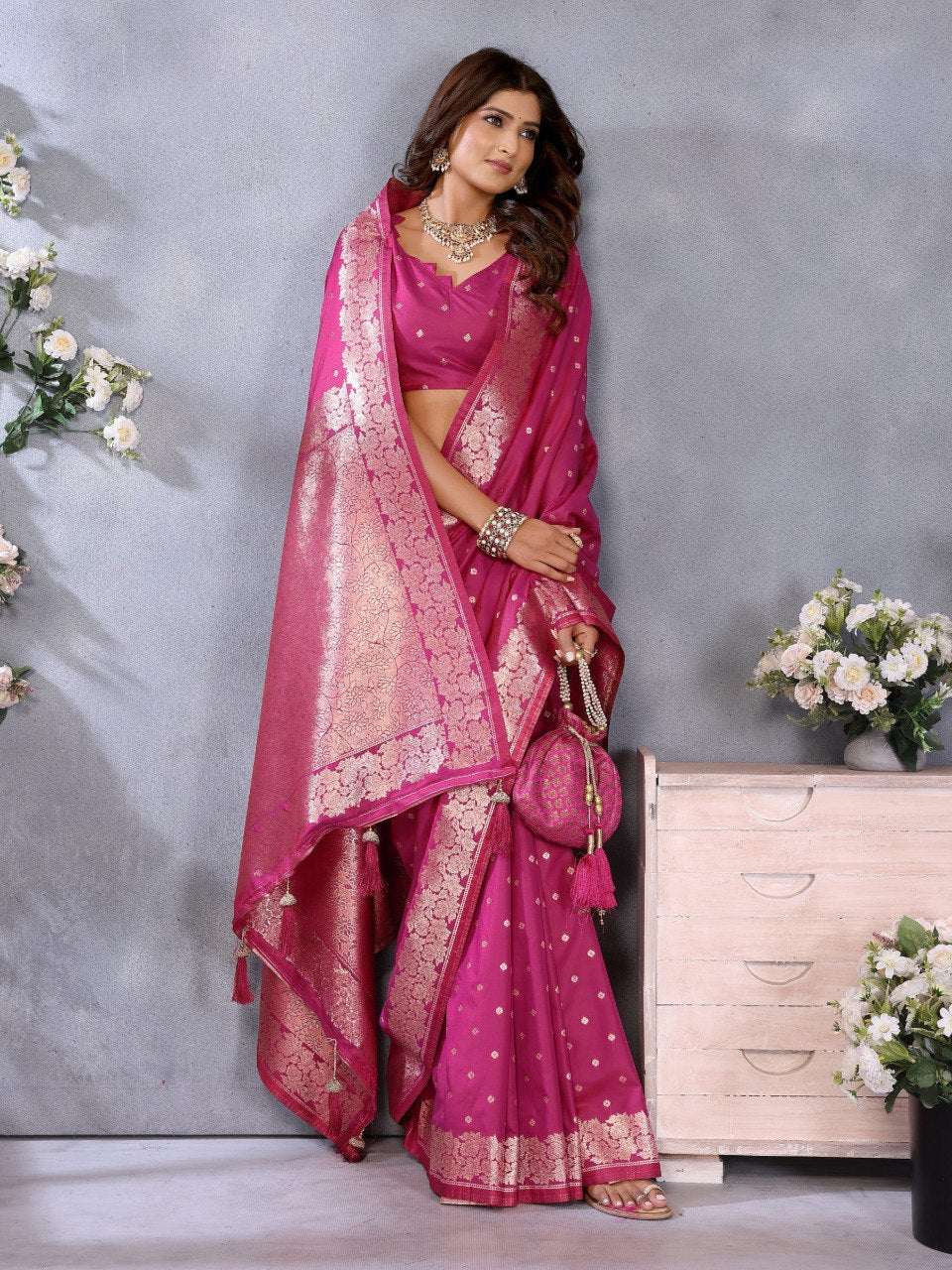 magenta Premium banarasi tissue silk saree with gala weaving work