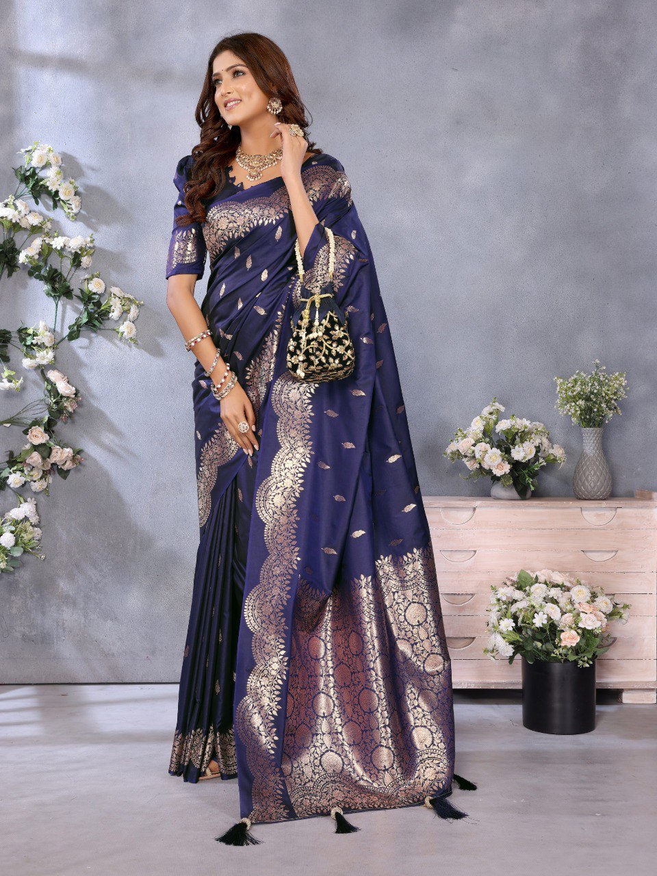 violet Premium banarasi tissue silk saree with gala weaving work