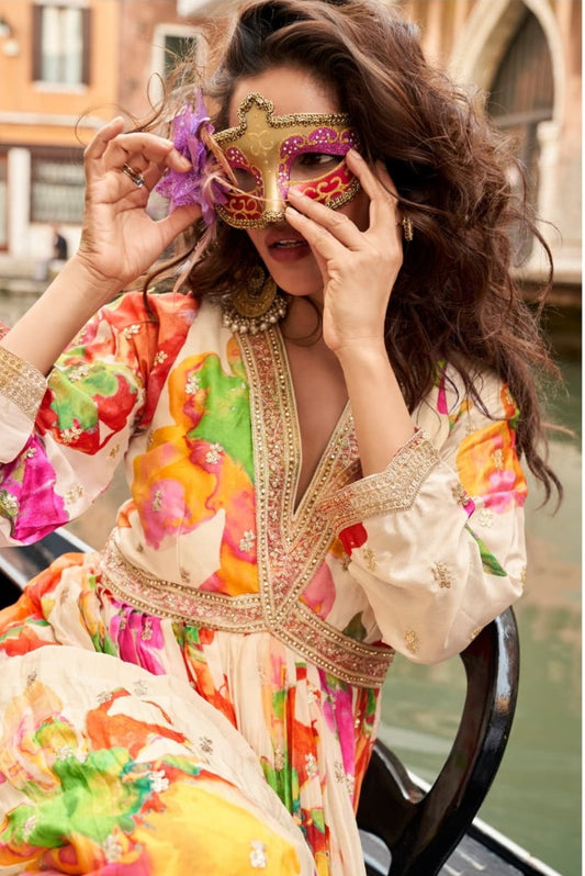 White Chinon Silk Readymade Anarkali Suit with Embroidery Work