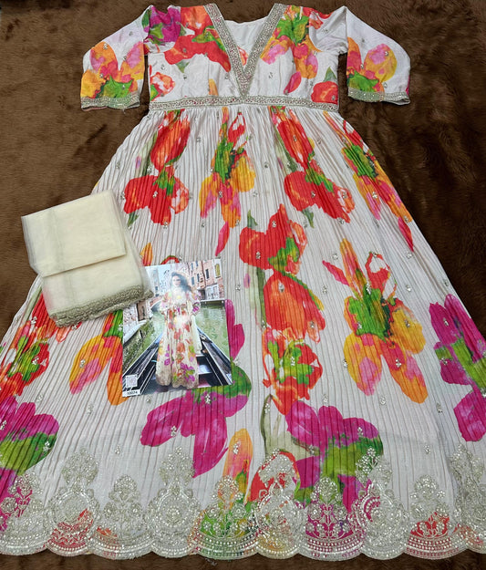 White Chinon Silk Readymade Anarkali Suit with Embroidery Work