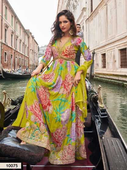 Mustard Chinon Silk Readymade Anarkali Suit with Embroidery Work
