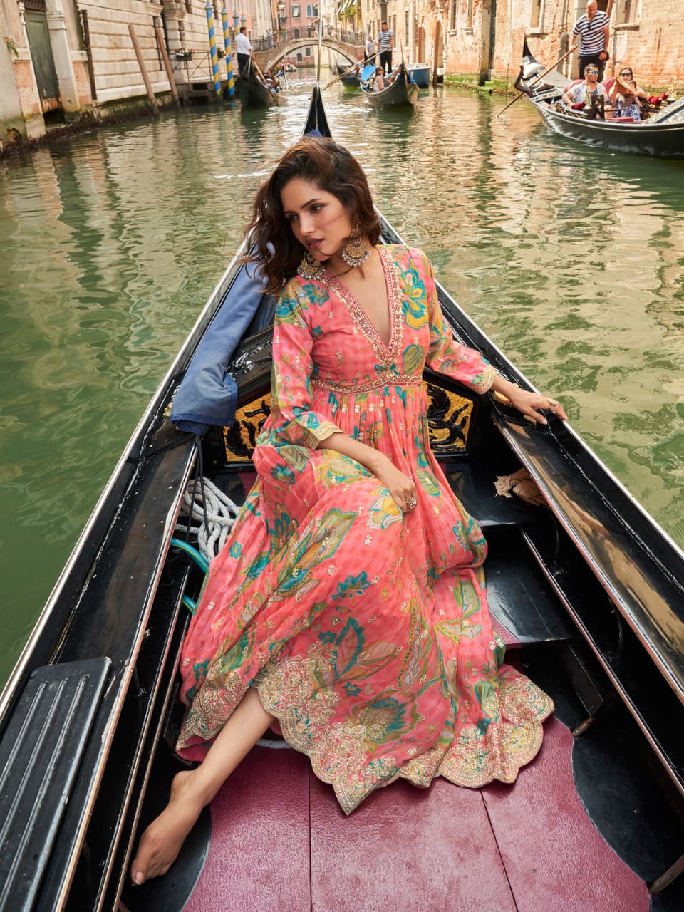 Pink Chinon Silk Readymade Anarkali Suit with Embroidery Work
