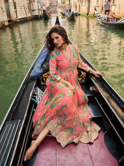 Pink Chinon Silk Readymade Anarkali Suit with Embroidery Work