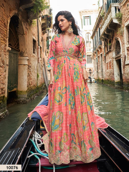 Pink Chinon Silk Readymade Anarkali Suit with Embroidery Work