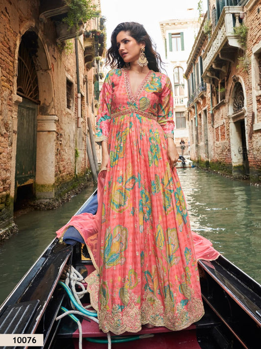 Pink Chinon Silk Readymade Anarkali Suit with Embroidery Work