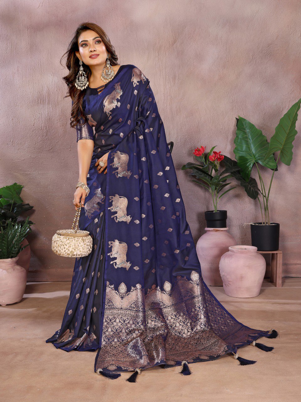 dark navy blue Premium banarasi tissue silk saree with gala weaving work