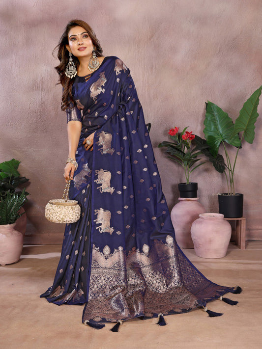 dark navy blue Premium banarasi tissue silk saree with gala weaving work