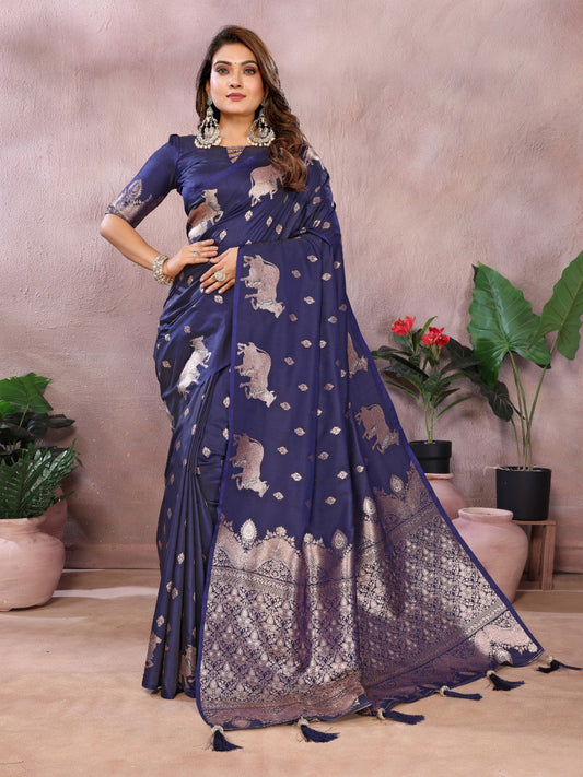 dark navy blue Premium banarasi tissue silk saree with gala weaving work