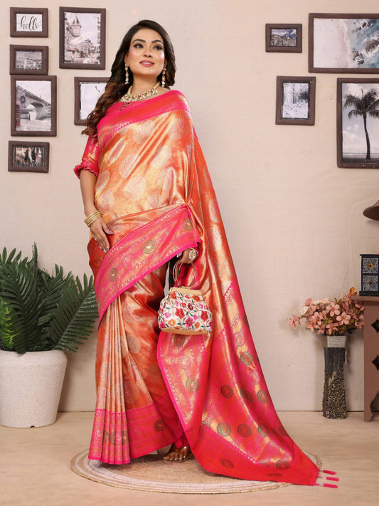 orange banarasi tissue silk saree with weaving work