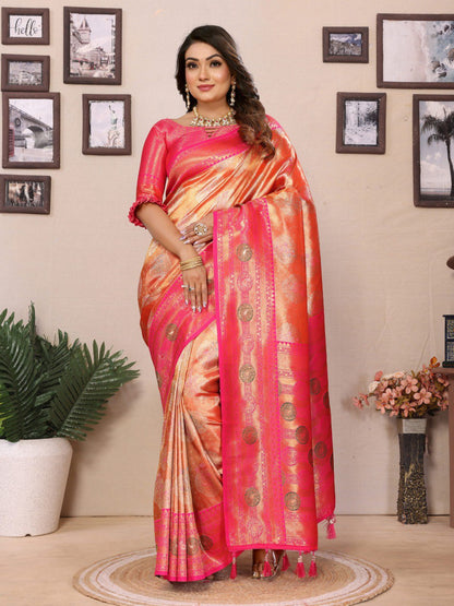 orange banarasi tissue silk saree with weaving work