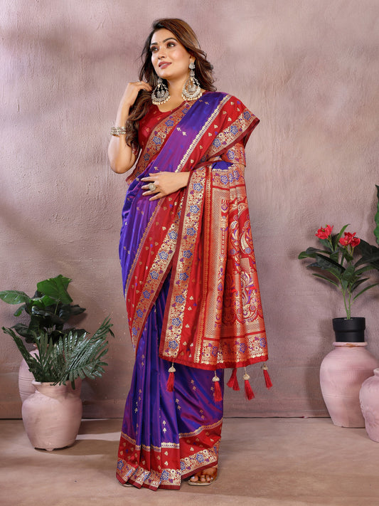 Violet Handloom Kalamkari Silk Saree with Zari Woven Work
