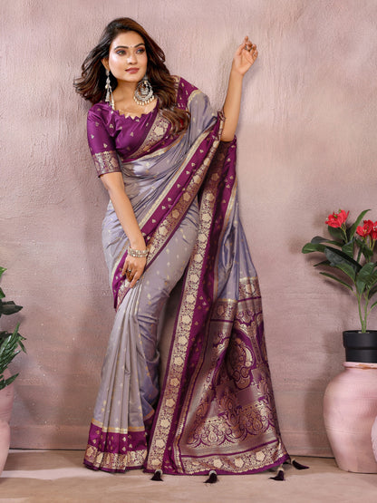 Lavender Handloom Kalamkari Silk Saree with Zari Woven Work