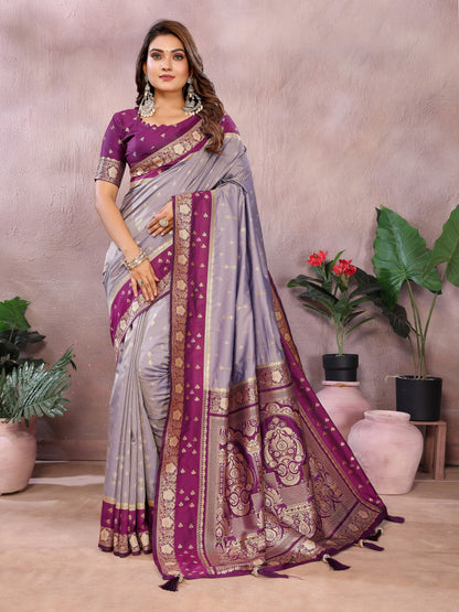 Lavender Handloom Kalamkari Silk Saree with Zari Woven Work