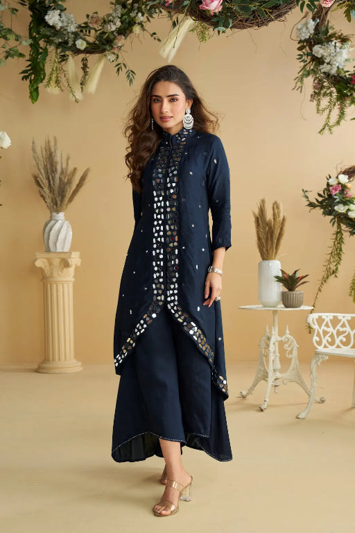 Black Silk Stylish Readymade Suit with Real Mirror Work