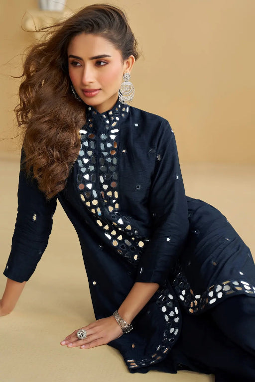 Black Silk Stylish Readymade Suit with Real Mirror Work