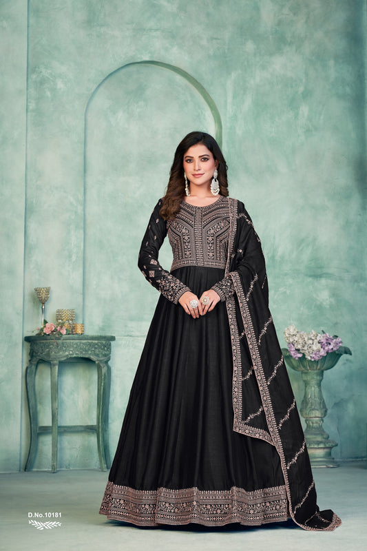 Black Embroidered Art Silk Semi Stitched Anarkali Suit