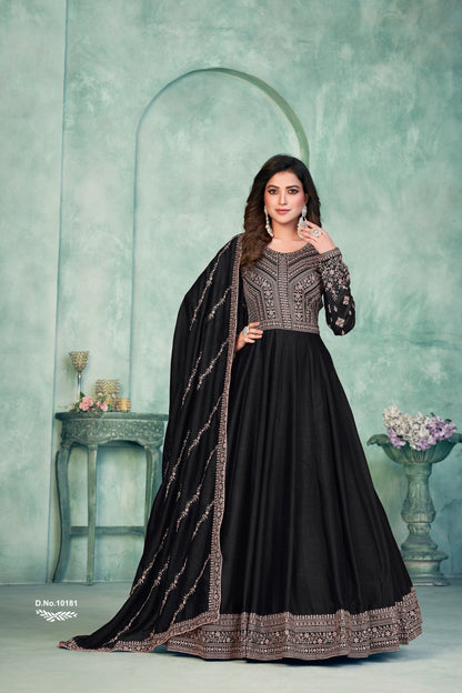 Black Embroidered Art Silk Semi Stitched Anarkali Suit