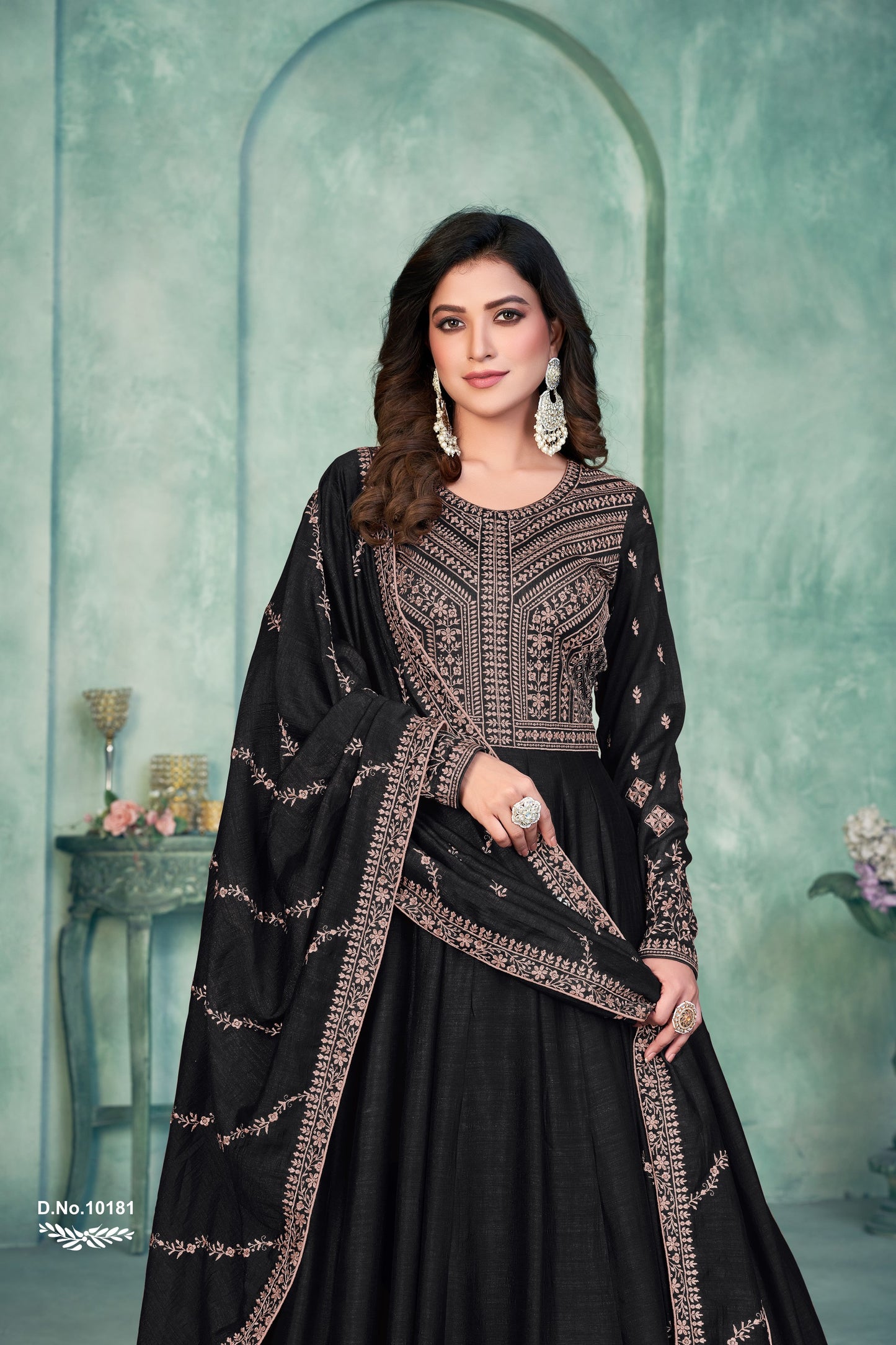 Black Embroidered Art Silk Semi Stitched Anarkali Suit
