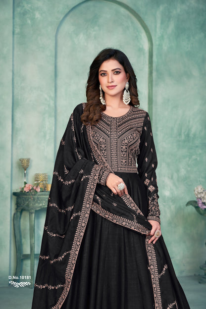 Black Embroidered Art Silk Semi Stitched Anarkali Suit