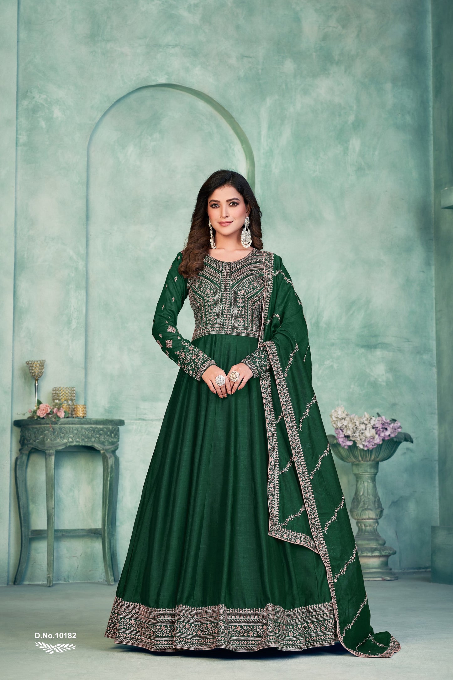 Green Embroidered Art Silk Semi Stitched Anarkali Suit