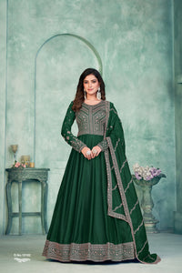 Green Embroidered Art Silk Semi Stitched Anarkali Suit