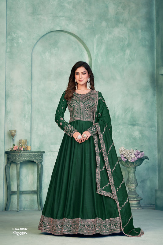 Green Embroidered Art Silk Semi Stitched Anarkali Suit