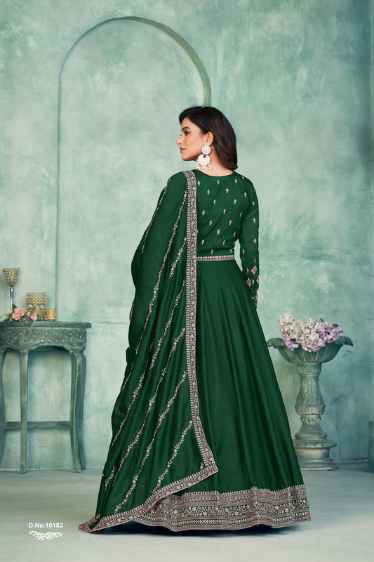 Green Embroidered Art Silk Semi Stitched Anarkali Suit