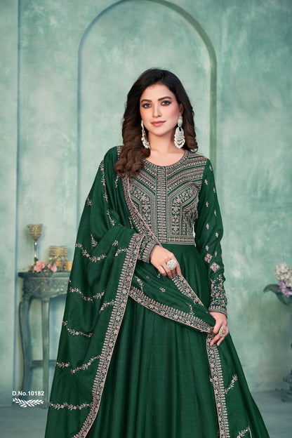 Green Embroidered Art Silk Semi Stitched Anarkali Suit