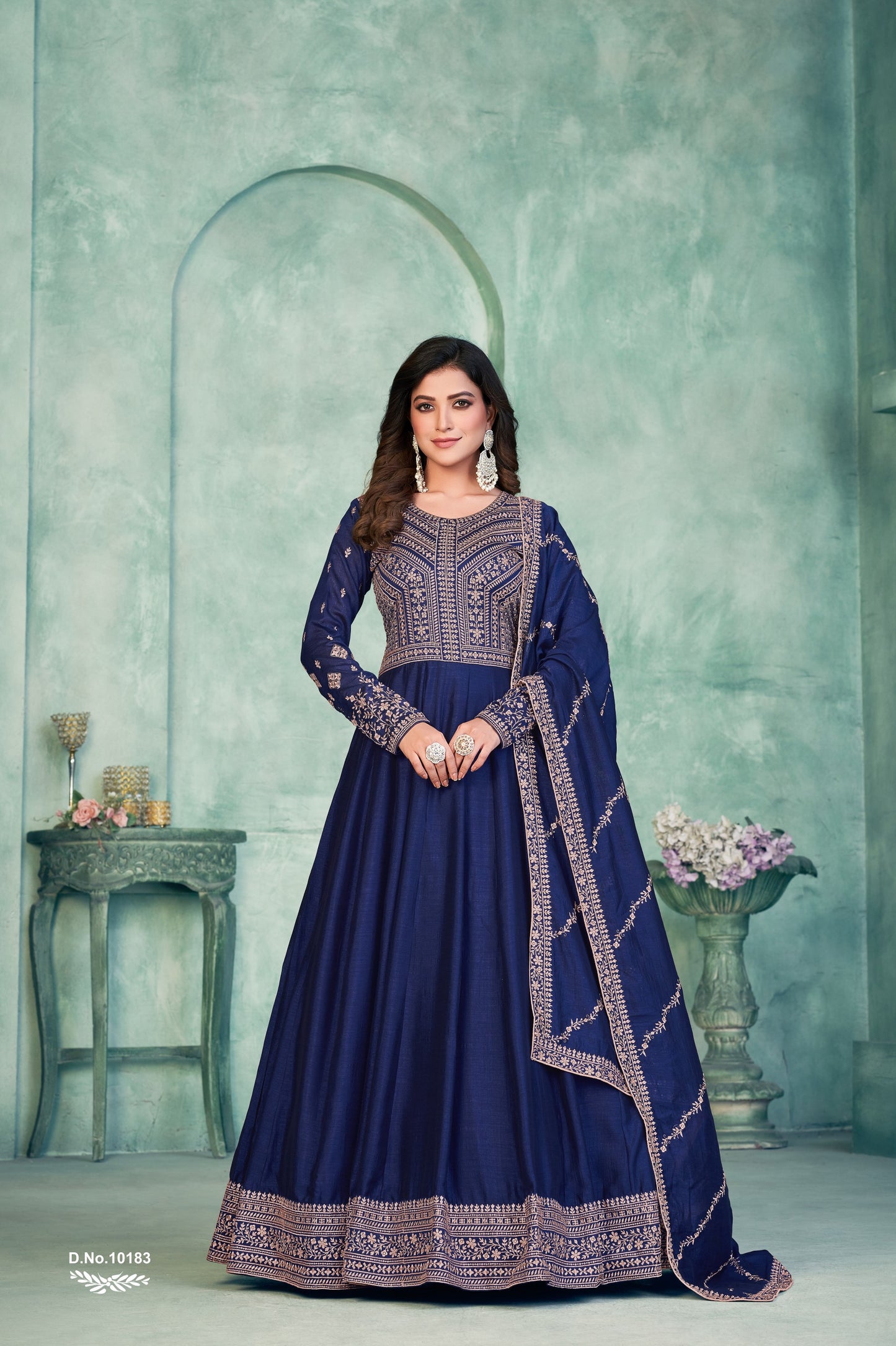 Navy Blue Embroidered Art Silk Semi Stitched Anarkali Suit
