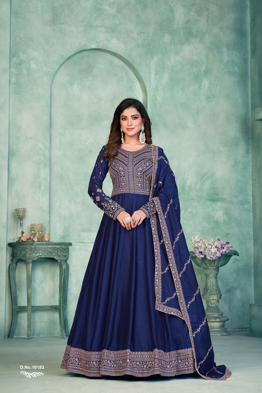 Navy Blue Embroidered Art Silk Semi Stitched Anarkali Suit