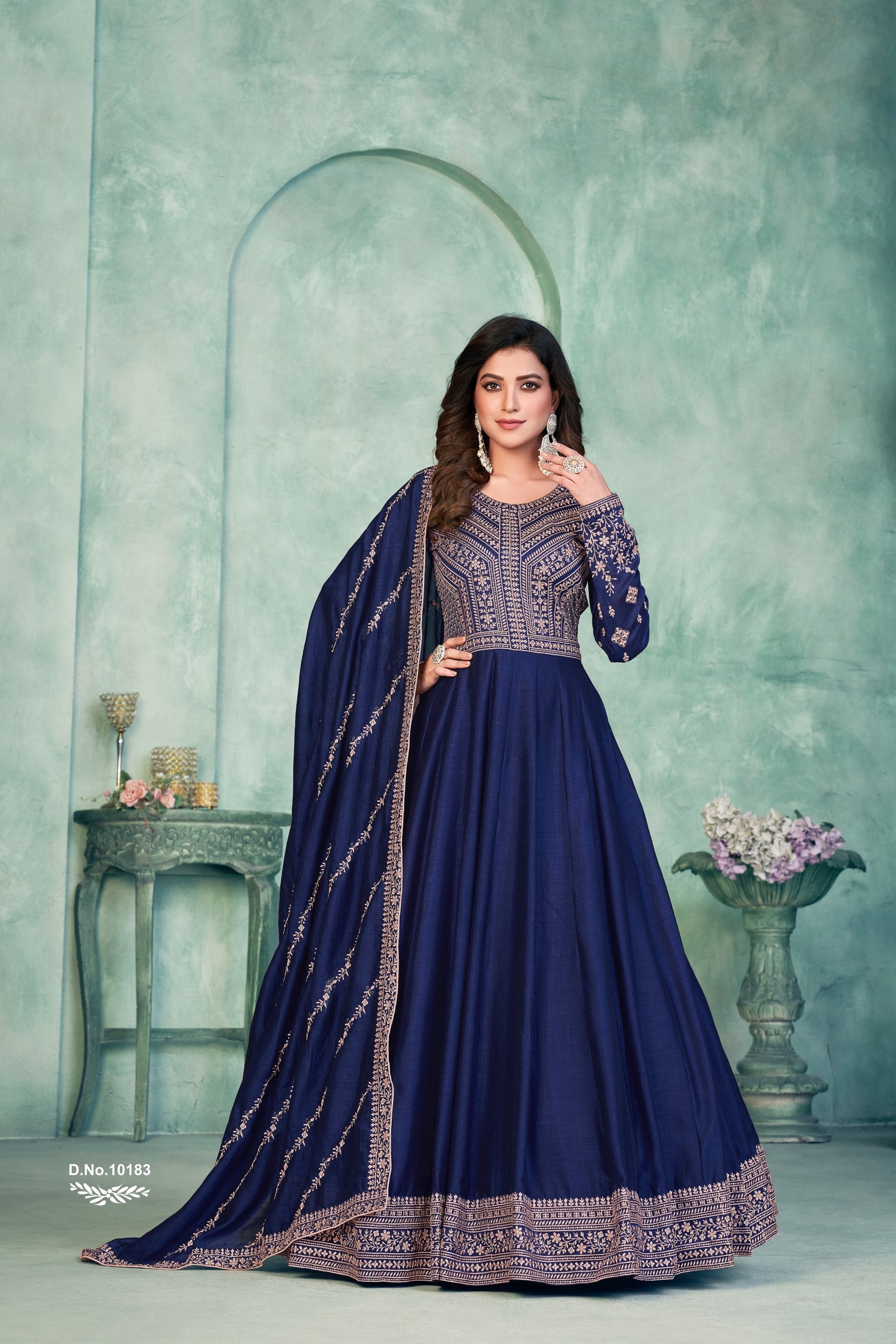 Navy Blue Embroidered Art Silk Semi Stitched Anarkali Suit