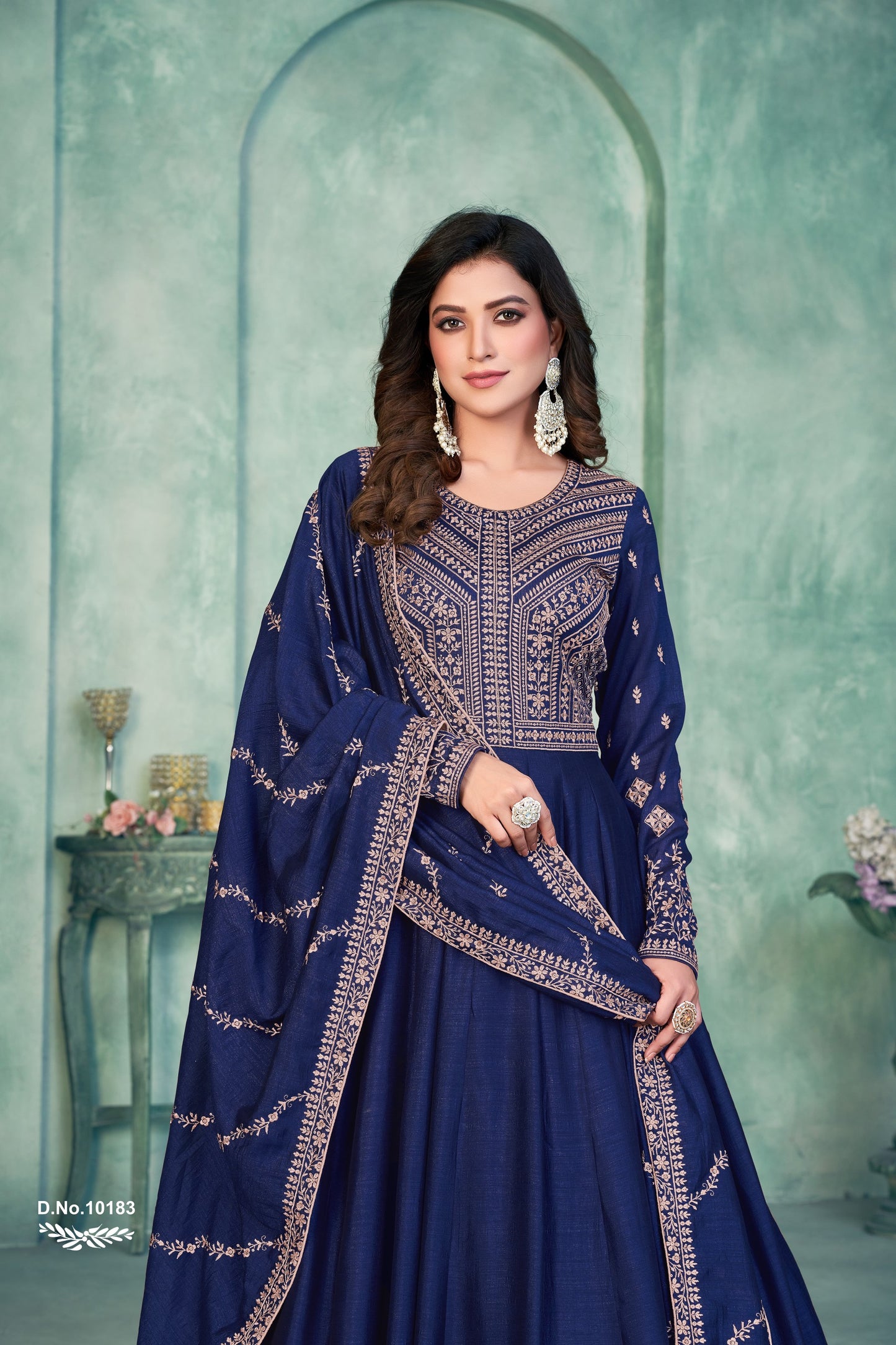 Navy Blue Embroidered Art Silk Semi Stitched Anarkali Suit