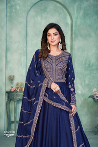 Navy Blue Embroidered Art Silk Semi Stitched Anarkali Suit