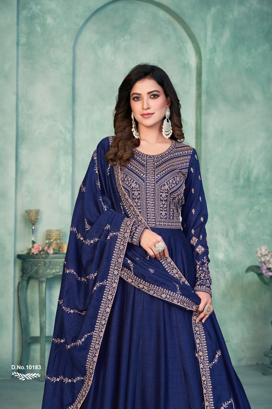 Navy Blue Embroidered Art Silk Semi Stitched Anarkali Suit