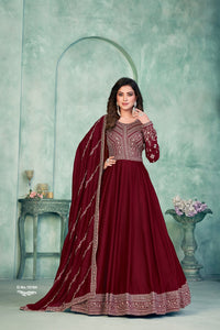 Maroon Embroidered Art Silk Semi Stitched Anarkali Suit