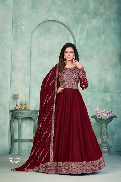 Maroon Embroidered Art Silk Semi Stitched Anarkali Suit