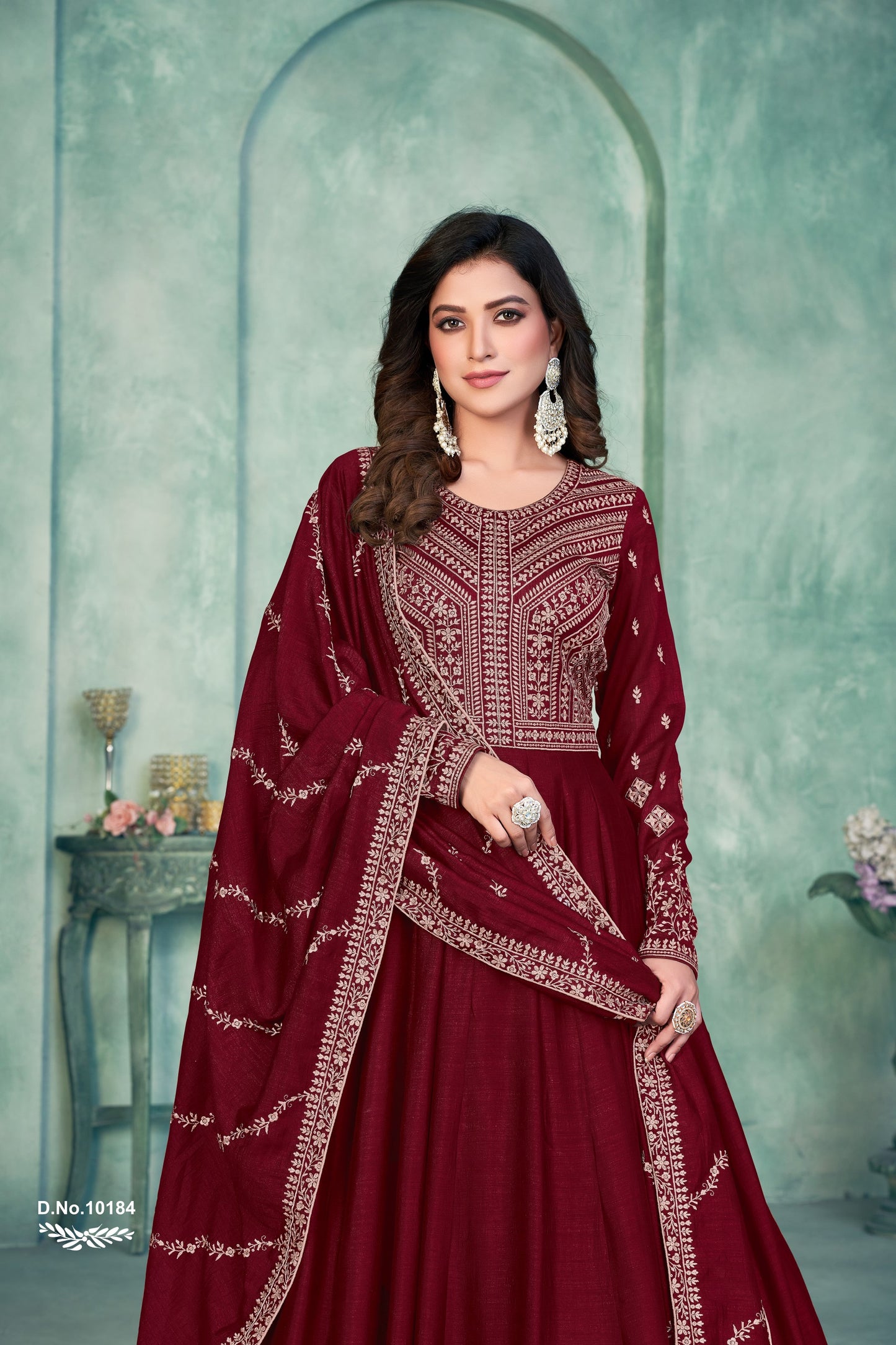 Maroon Embroidered Art Silk Semi Stitched Anarkali Suit