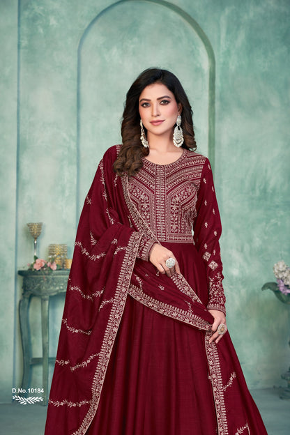 Maroon Embroidered Art Silk Semi Stitched Anarkali Suit
