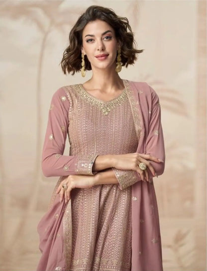 Peach Heavy Fox Georgette Free Size Stitched Suit with Sequence Work