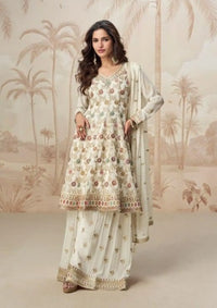 White Heavy Fox Georgette Free Size Stitched Suit with Sequence Work