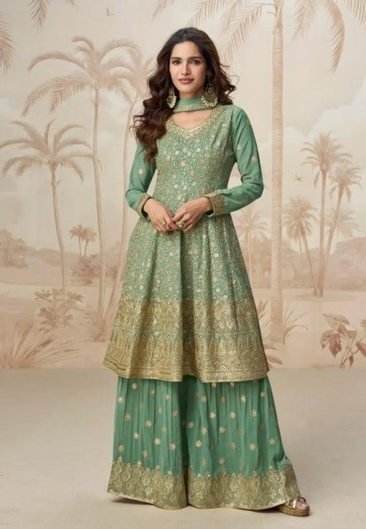 Green Heavy Fox Georgette Free Size Stitched Suit with Sequence Work