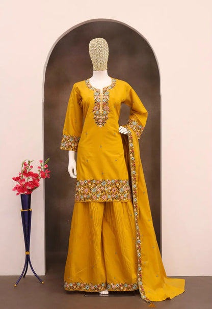 Mustard Simar with Embroidery Multi & Zarkhan Work Readymade Plazzo suit