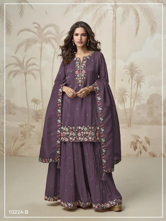 Wine Simar with Embroidery Multi & Zarkhan Work Readymade Plazzo suit
