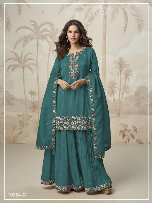 Turquoise Simar with Embroidery Multi & Zarkhan Work Readymade Plazzo suit