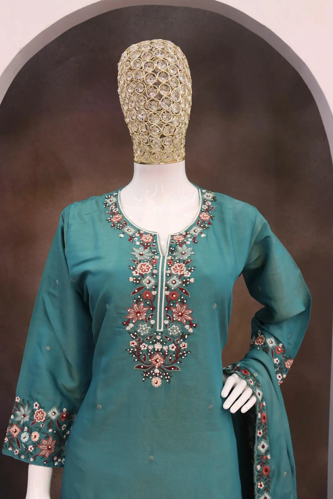 Turquoise Simar with Embroidery Multi & Zarkhan Work Readymade Plazzo suit