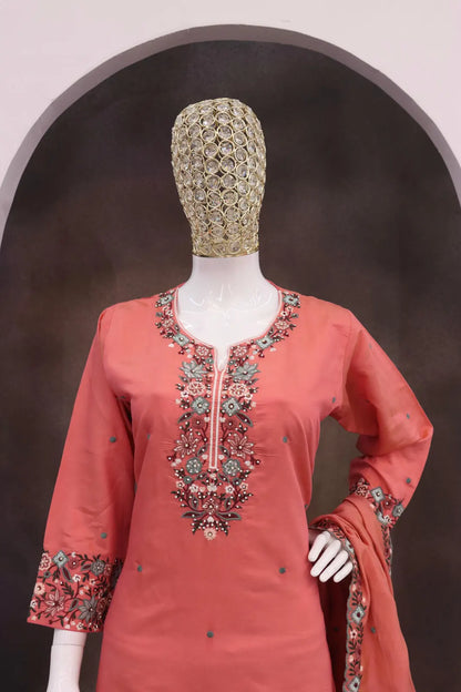 Peach Simar with Embroidery Multi & Zarkhan Work Readymade Plazzo suit