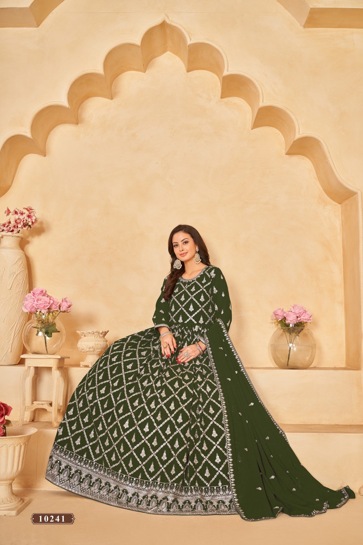 Mehendi Embroidered Faux Georgette Semi Stitched Anarkali Suit