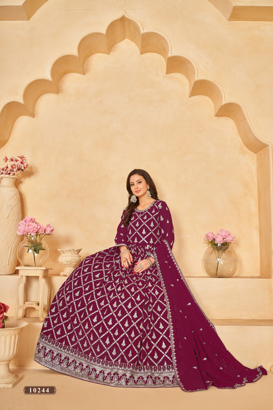 Purple Embroidered Faux Georgette Semi Stitched Anarkali Suit