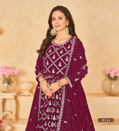 Purple Embroidered Faux Georgette Semi Stitched Anarkali Suit